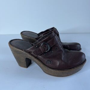 Born Womens Wenonah Platform Brown Leather Buckle Studded Mule Clogs US 9 Fall